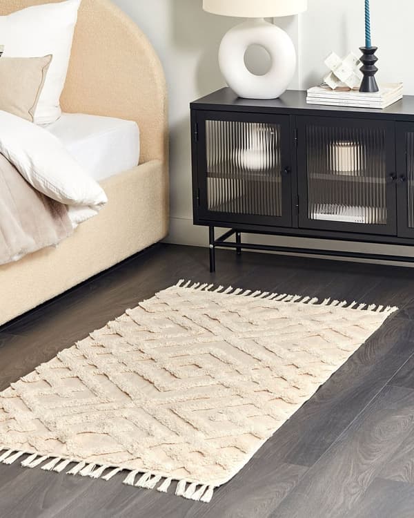 Område Tæppe Beige Bomuld 80 x 150 cm Minimalistisk Tuftet Shaggy med kvaster Design Geometrisk Mønster Stue Soveværelse