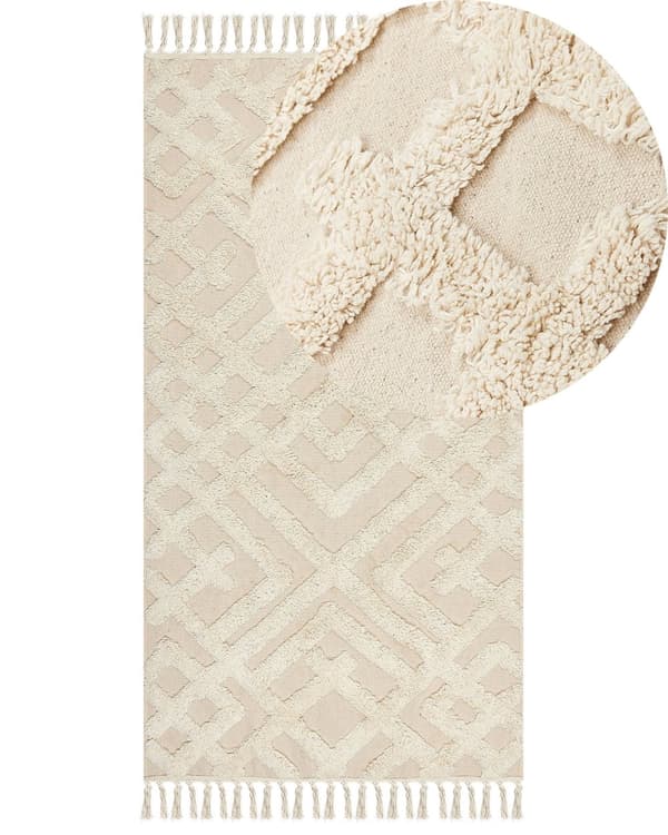 Område Tæppe Beige Bomuld 80 x 150 cm Minimalistisk Tuftet Shaggy med kvaster Design Geometrisk Mønster Stue Soveværelse