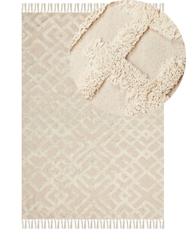Gulvtæppe Beige Bomuld 160 x 230 cm Moderne Fladvævet Løs Kelimtæppe under Sofabord til Entre Indendørs Design til Pigeværelse
