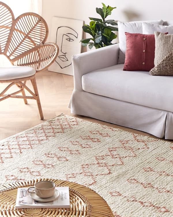 Matta Beige Rosa Bomull 160 x 230 cm Geometriskt Mönster Handtuftad Flatweave Vardagsrum Sovrum