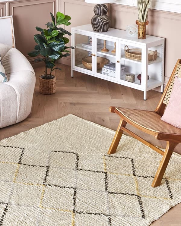Matta Beige Bomull 160 x 230 cm Minimalistisk Handtuftad Design Geometriskt Mönster Vardagsrum Sovrum
