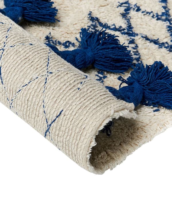 Matta Beige Bomull 140 x 200 cm Geometriskt Mönster Handtuftade Tofsar Flatweave Vardagsrum Sovrum