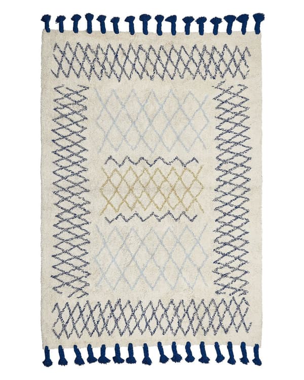 Matto beige/sininen puuvilla 140 x 200 cm geometrisilla kuvioilla hapsut