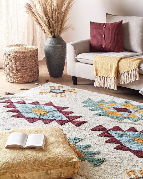 Matto monivärinen 140 x 200 cm puuvilla hapsut geometrinen kuvio suorakulmio moderni boho