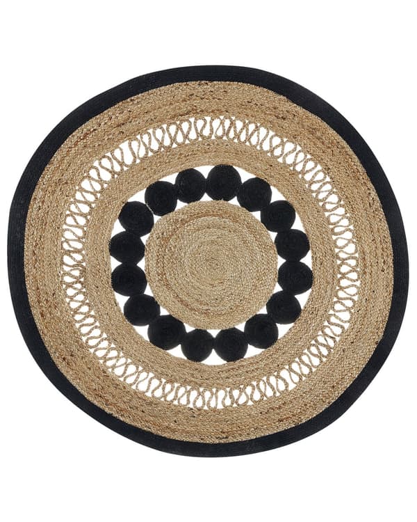 Matto beige musta ⌀ 120 cm juutti puuvilla pyöreä tupsut käsintehty boho rustiikkinen