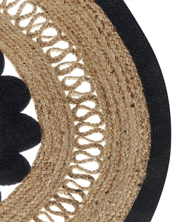 Matto beige musta ⌀ 120 cm juutti puuvilla pyöreä tupsut käsintehty boho rustiikkinen