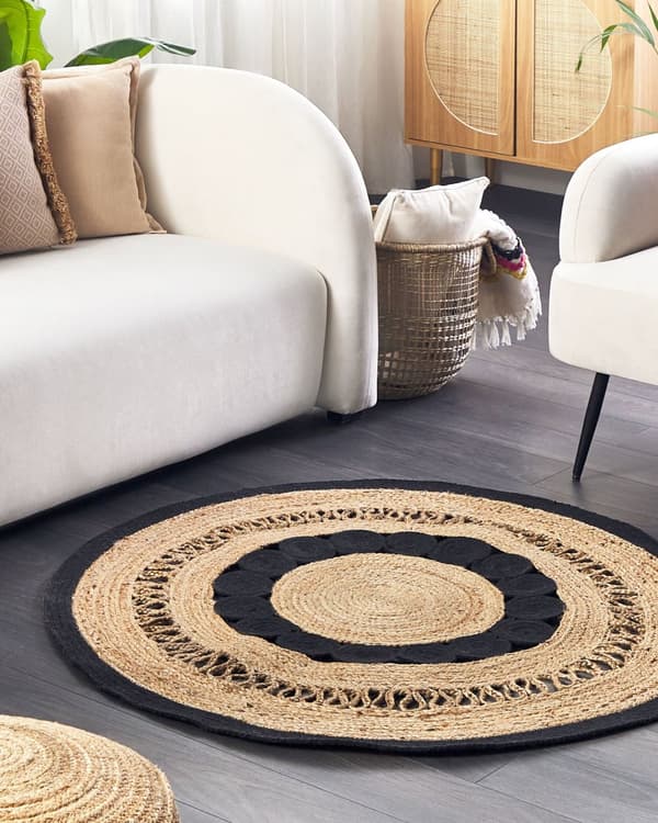 Matto beige musta ⌀ 120 cm juutti puuvilla pyöreä tupsut käsintehty boho rustiikkinen