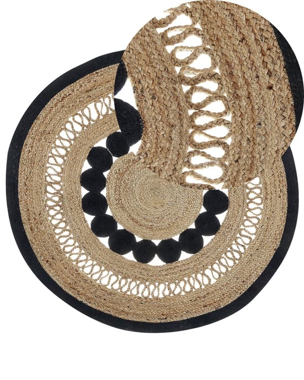 Matto beige musta ⌀ 120 cm juutti puuvilla pyöreä tupsut käsintehty boho rustiikkinen