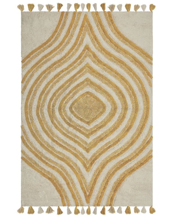 Matto beige keltainen 160 x 230 cm puuvilla abstrakti kuvio hapsut suorakulmio retro moderni