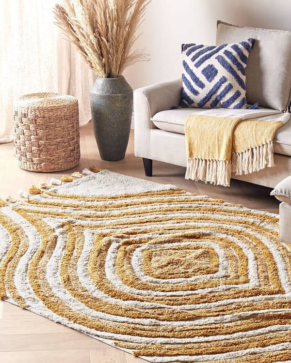 Matto beige keltainen 160 x 230 cm puuvilla abstrakti kuvio hapsut suorakulmio retro moderni