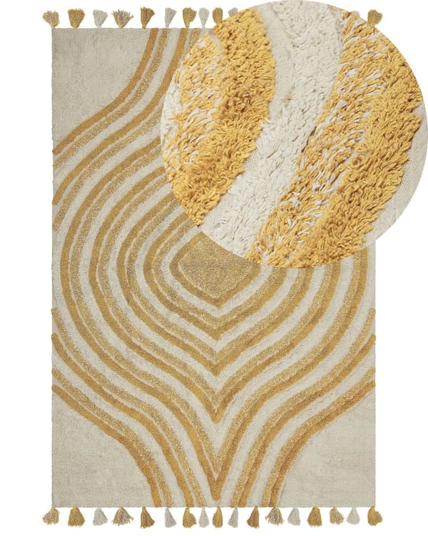 Matto beige keltainen 160 x 230 cm puuvilla abstrakti kuvio hapsut suorakulmio retro moderni