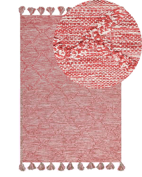 Matto punainen 140 x 200 cm puuvilla tupsut geometrinen kuvio perinteinen moderni