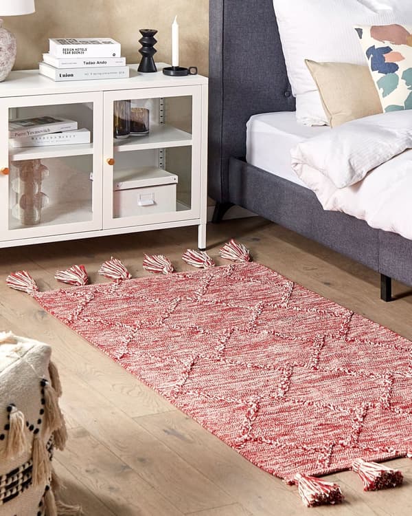 Matta Röd Bomull 80 x 150 cm Rektangulär Tjock Väv Vardagsrum Sovrum Dekor