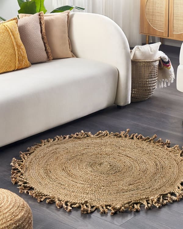 Jutematta Beige Rund 120 cm Flätad Naturlig Bohemisk Rustik Vardagsrum Sovrum Matrum