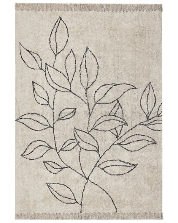 Tæppe Beige og Sort Bomuld 160 x 230 cm Minimalistisk Tuftet Blomstermønster Frynset Stue Soveværelse