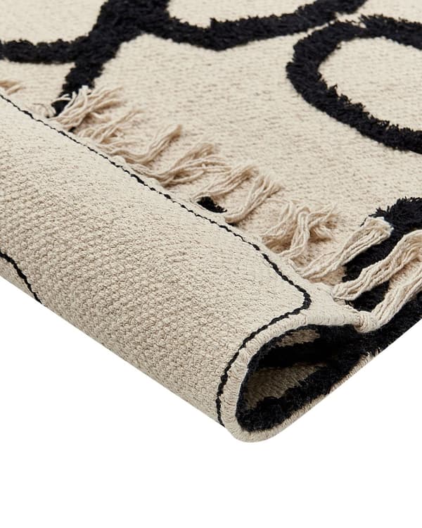 Tæppe Beige og Sort Bomuld 80 x 150 cm Minimalistisk Tufted Art Line Frynsede Stue Soveværelse