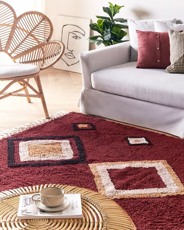 Matto punainen 160 x 230 cm puuvilla tuftattu geometrinen kuvio hapsut moderni boho