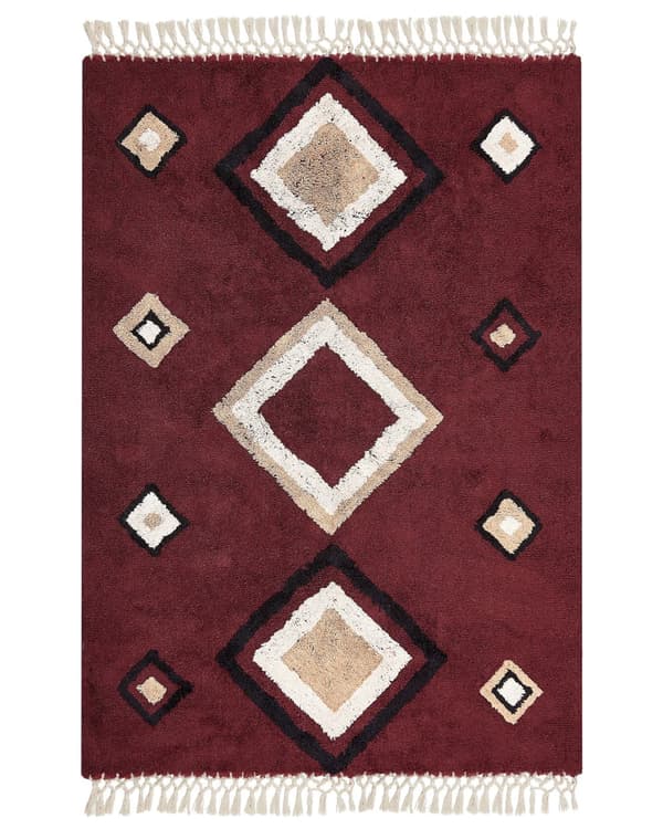 Matto punainen 160 x 230 cm puuvilla tuftattu geometrinen kuvio hapsut moderni boho