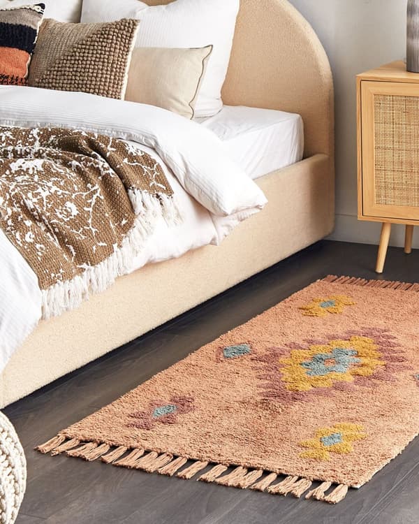 Matta Orange Bomull 80 x 150 cm Rektangulär med tofsar Geometriskt Mönster Boho Orientalisk Stil Vardagsrum
