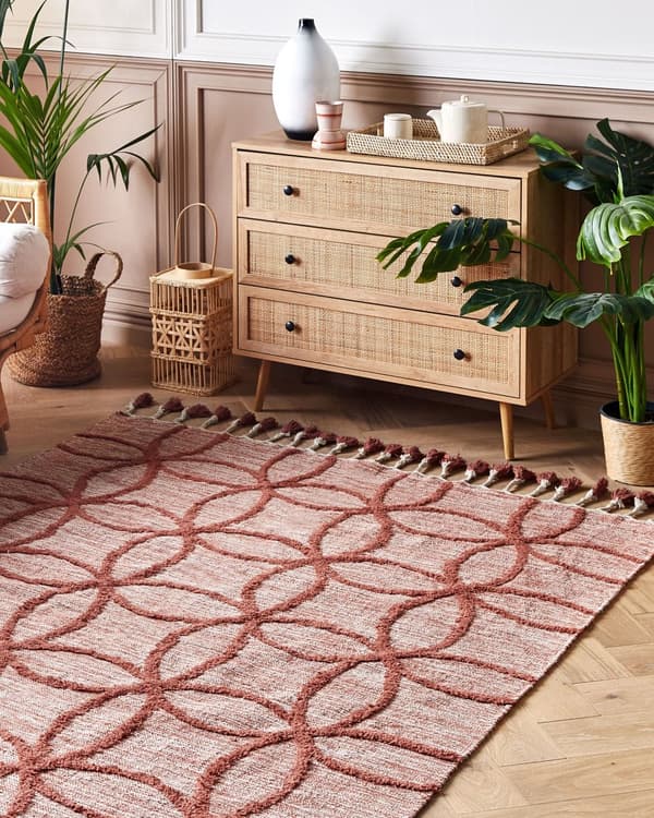 Matta Röd Bomull 140 x 200 cm Rektangulär Handtuftad Geometriskt Mönster Boho Vardagsrum