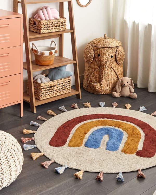 Tæppe Flerfarvet Bomuld ø 120 cm Rundt med Kvaster Geometrisk Regnbuemønster Boho Style Stue Børne Børneværelse