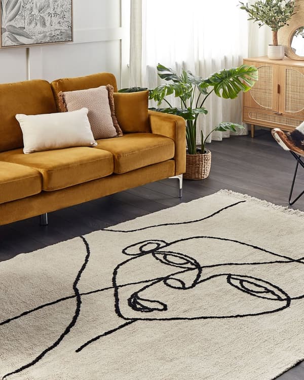 Gulvtæppe Beige Sort Bomuld 140 x 200 cm Moderne Løs Tuftet Tæppe til Stuen med Frynser Fladvævet Bomuldstæppe under Sofabord og Soveværelse