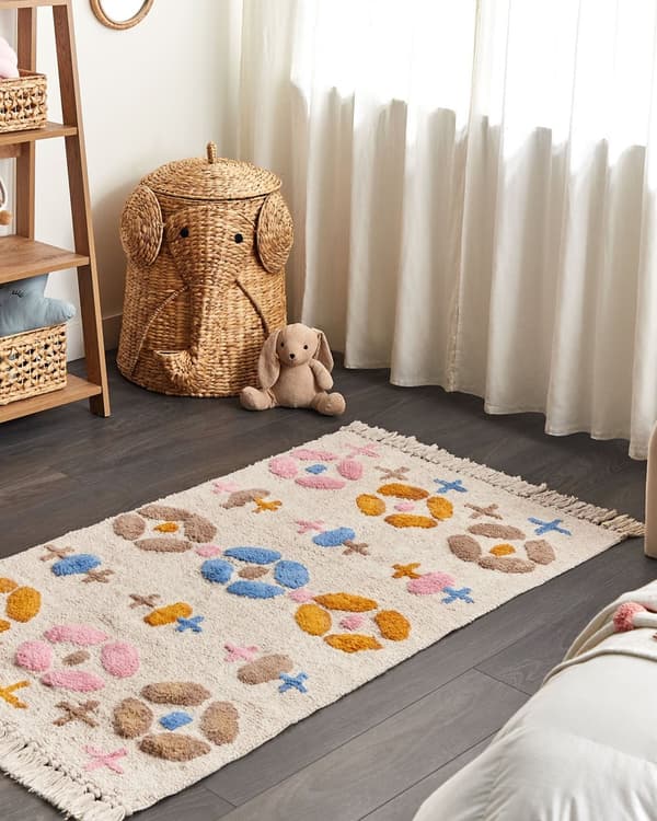 Børnegulvtæppe Beige Multifarvet Bomuld 80 x 150 cm Moderne Løs Tuftet Tæppe til Børneværelset med Frynser Bomuldstæppe til Pigeværelse