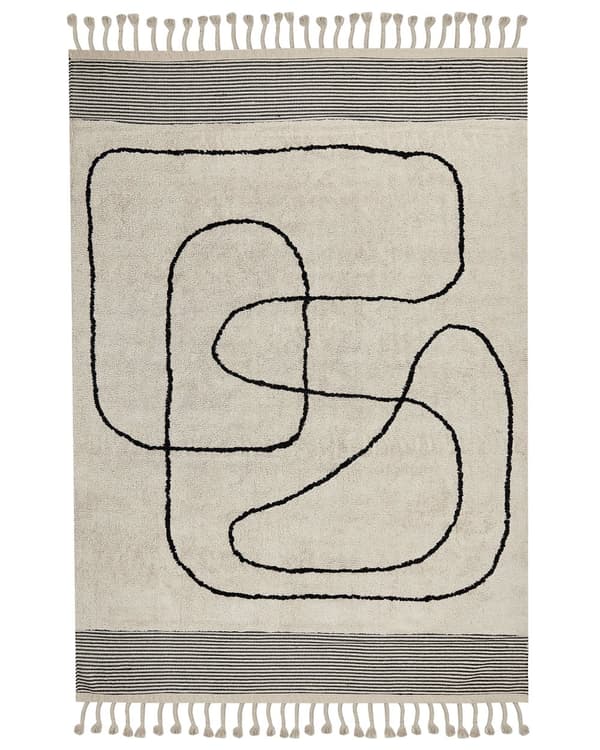 Matto beige/musta puuvilla 160 x 230 cm abstrakti kuvio hapsut moderni tyyli