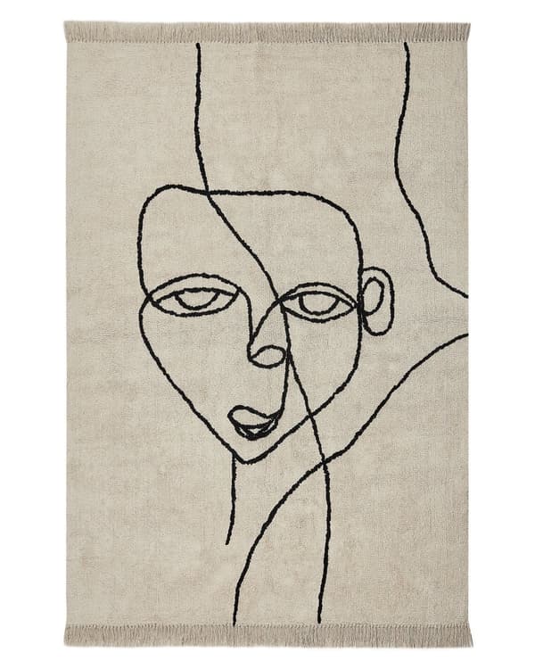 Matto beige/musta puuvilla 140 x 200 cm abstrakti kasvokuvio hapsuilla boho-tyyli