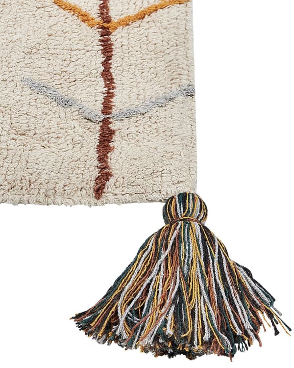 Matta Beige Bomull 140 x 200 cm Rektangulär med Tofsar Geometriskt Mönster Boho Orientalisk Stil