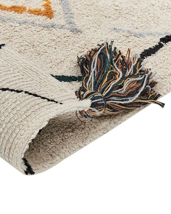Matta Beige Bomull 140 x 200 cm Rektangulär med Tofsar Geometriskt Mönster Boho Orientalisk Stil