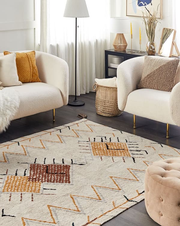 Matta Beige Bomull 140 x 200 cm Rektangulär med Tofsar Geometriskt Mönster Boho Orientalisk Stil