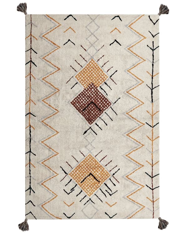 Matta Beige Bomull 140 x 200 cm Rektangulär med Tofsar Geometriskt Mönster Boho Orientalisk Stil