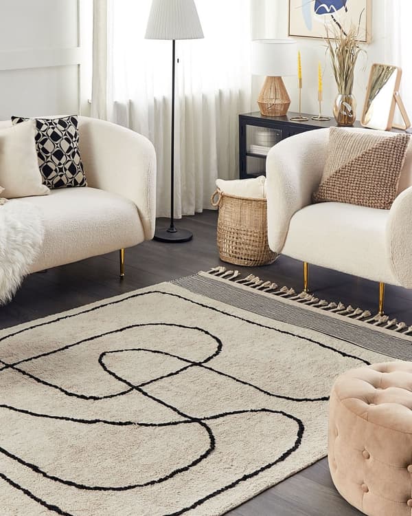 Matta Bomull Beige och Svart 140 x 200 cm Abstrakt Mönster Tofsar Kort lugg Modern