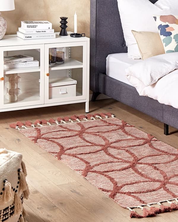 Gulvteppe Rød Bomull 80 x 150 cm Rektangulært med dusker Geometrisk Mønster Boho Orientalsk
