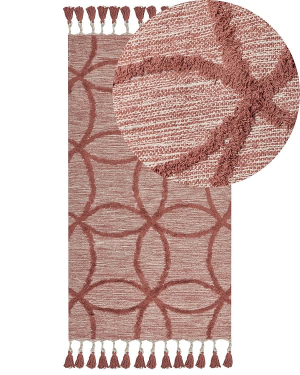 Gulvteppe Rød Bomull 80 x 150 cm Rektangulært med dusker Geometrisk Mønster Boho Orientalsk