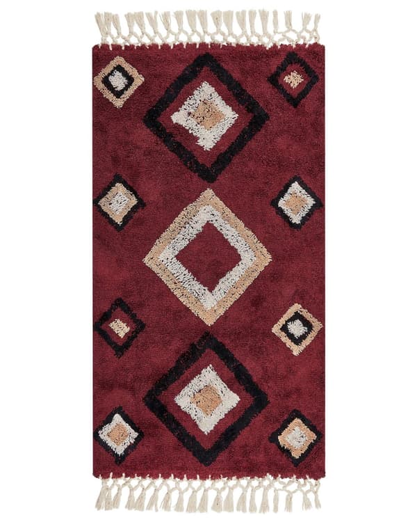 Gulvteppe Rød Bomull 80 x 150 cm Rektangulært med dusker Mønster Boho Orientalsk