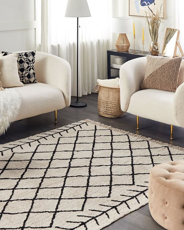 Teppe Beige Svart Bomull 160 x 230 cm Geometrisk mønster Rektangulært Boho Moderne Dekorasjon Stue Soverom