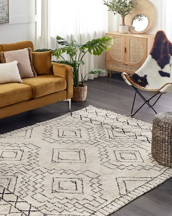 Gulvteppe Beige Svart Bomull 140 x 200 cm Aztekisk Mønster Lav Moderne Vintage