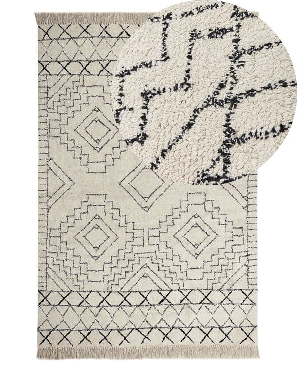 Gulvteppe Beige Svart Bomull 140 x 200 cm Aztekisk Mønster Lav Moderne Vintage