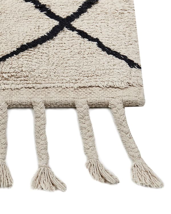 Teppe Beige Svart Bomull 160 x 230 cm Geometrisk mønster Frynser Boho Dekorativt Tilbehør Stue Soverom