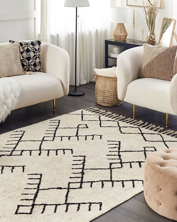 Teppe Beige Svart Bomull 160 x 230 cm Geometrisk mønster Frynser Boho Dekorativt Tilbehør Stue Soverom