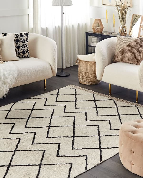 Teppe Beige Svart Bomull 160 x 230 cm Geometrisk mønster Frynser Tuftet Minimalistisk Moderne Dekorativt Tilbehør Stue Soverom