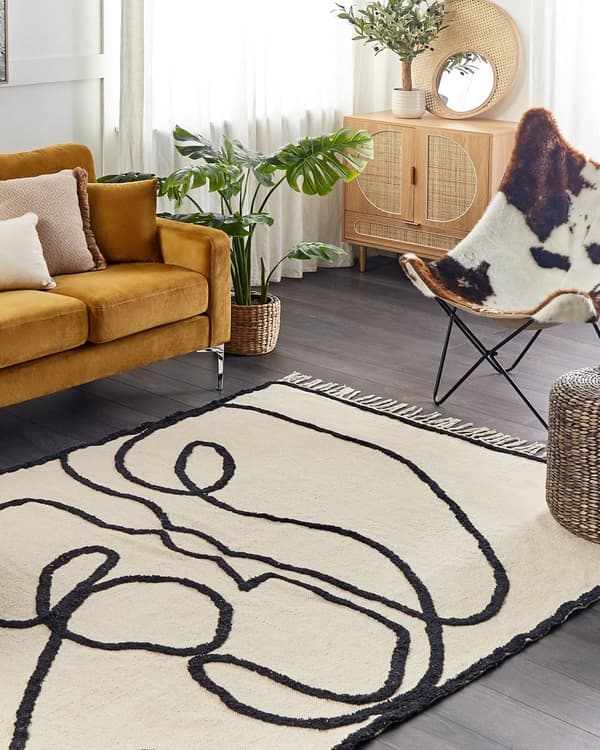 Teppe Beige Svart Bomull 160 x 230 cm Abstrakt mønster Frynser Minimalistisk Moderne Dekorativt Tilbehør Stue Soverom