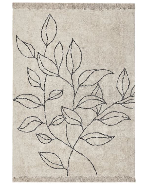 Teppe Beige Svart Bomull 160 x 230 cm Bladmotiv Frynser Minimalistisk Moderne Dekorativt Tilbehør Stue Soverom