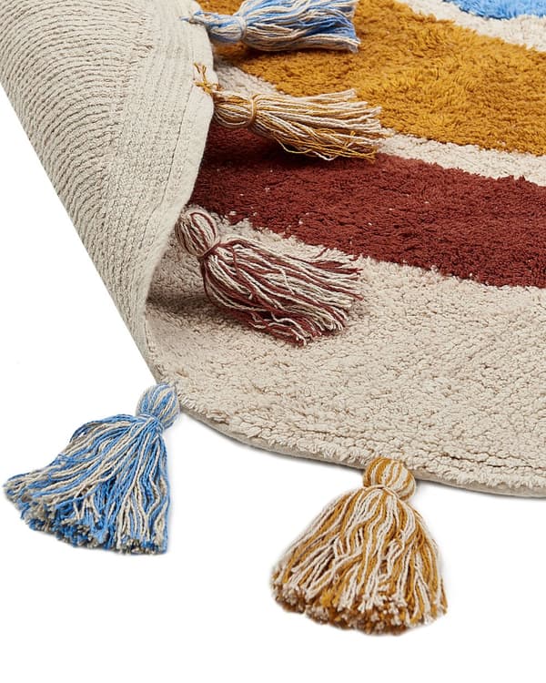 Teppe Flerfarget Bomull ø 120 cm Geometrisk mønster Frynser Boho Dekorativt Tilbehør Barnerom Til barn