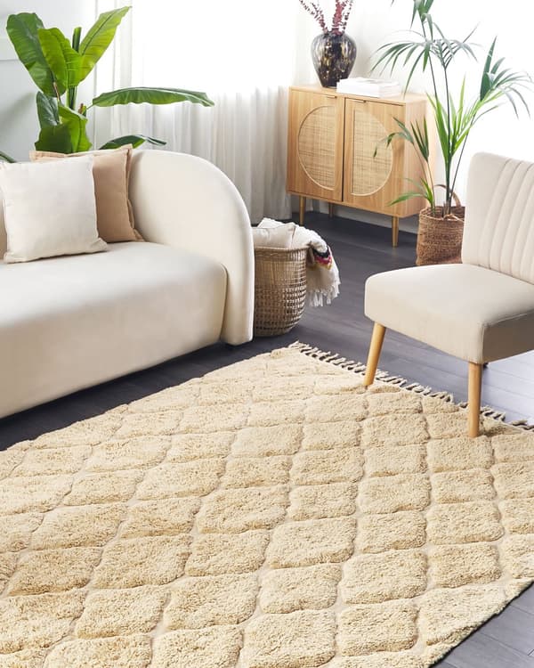 Gulvtæppe Beige Bomuld 140 x 200 cm Moderne Bomuldstæppe med Kvaster og Frynser Løs Tæppe til Soveværelse Orientalsk
