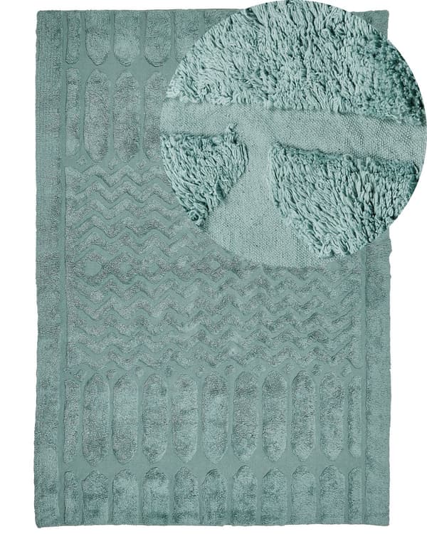 Gulvtæppe Grøn Bomuld 160 x 230 cm Moderne Bomuldstæppe med Kvaster og Rombe Mønster Løs Tæppe til Soveværelse Orientalsk