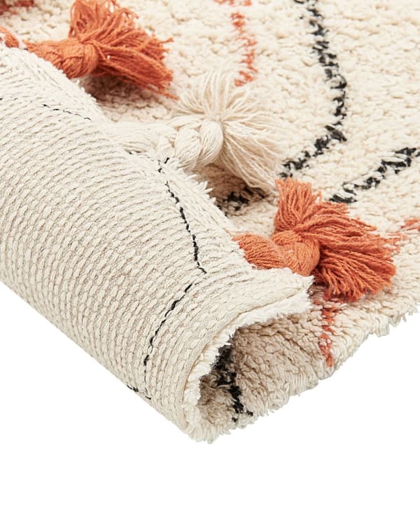 Matto beige oranssi 160 x 230 cm puuvilla hapsut pörröinen geometrinen kuvio boho
