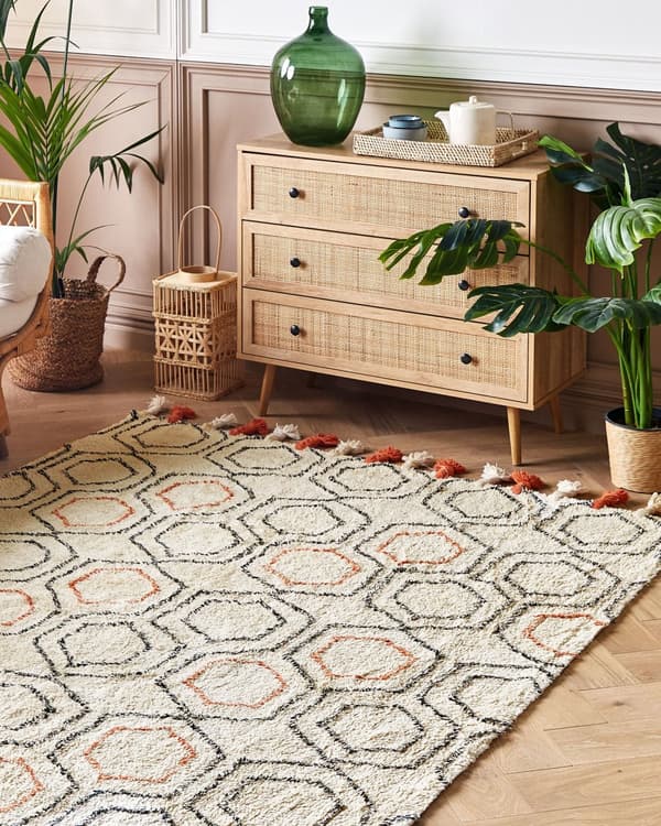 Matto beige oranssi 160 x 230 cm puuvilla hapsut pörröinen geometrinen kuvio boho